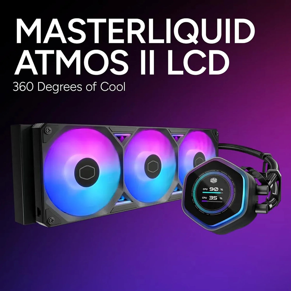 Cooler Master MasterLiquid Atmos II 360mm LCD ARGB AIO liquid CPU cooler with 360mm radiator and three ARGB fans – Black -tpstech.in