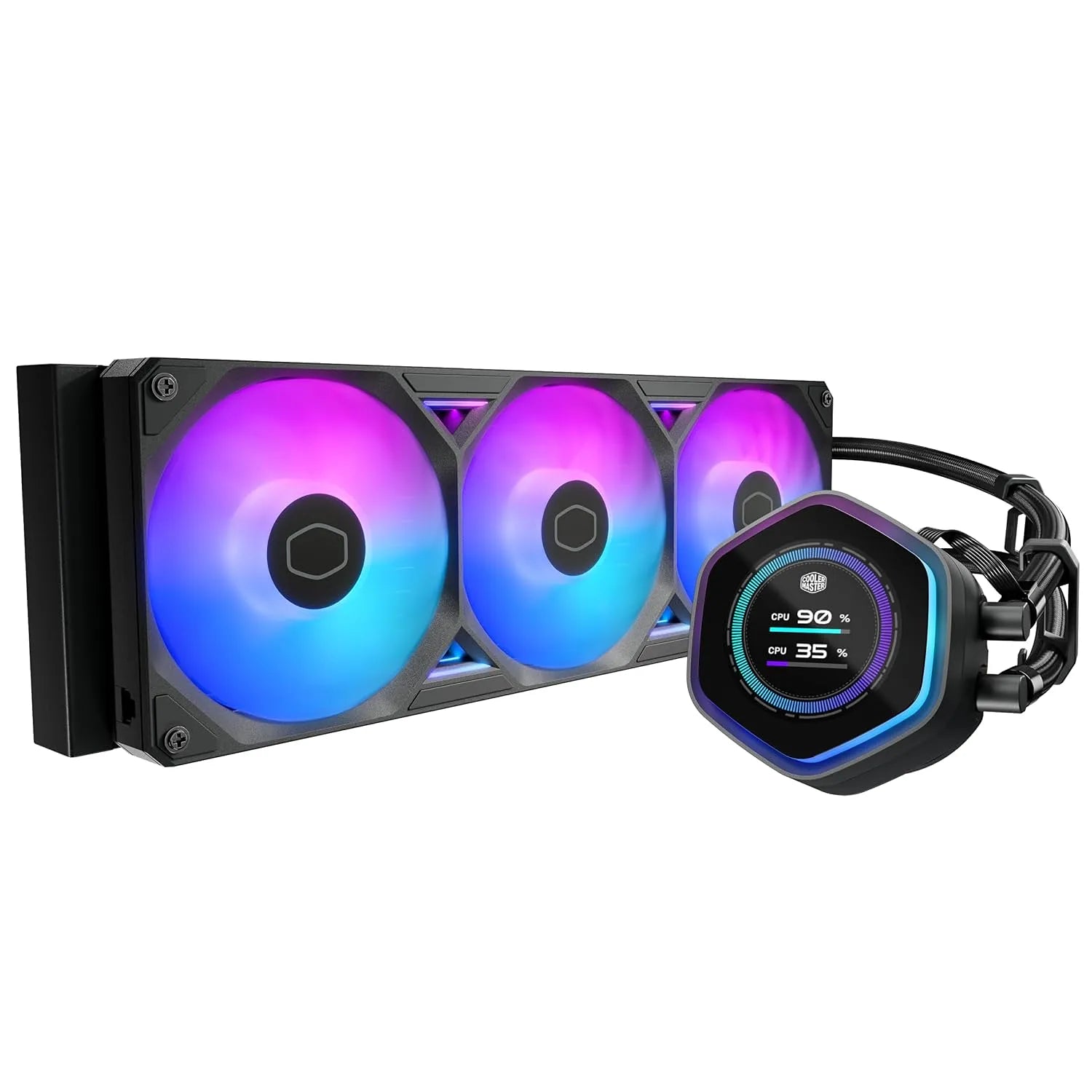 Cooler Master MasterLiquid Atmos II 360mm LCD ARGB AIO liquid CPU cooler LCD pump and triple ARGB radiator fan front view – Black -tpstech.in