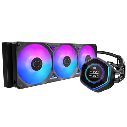 Cooler Master MasterLiquid Atmos II 360mm LCD ARGB AIO liquid CPU cooler LCD pump and triple ARGB radiator fan front view – Black -tpstech.in