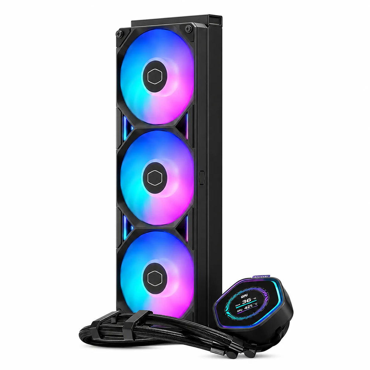 Cooler Master MasterLiquid Atmos II 360mm LCD ARGB AIO liquid CPU cooler with triple ARGB fans LCD pump and braided tubing – Black -tpstech.in