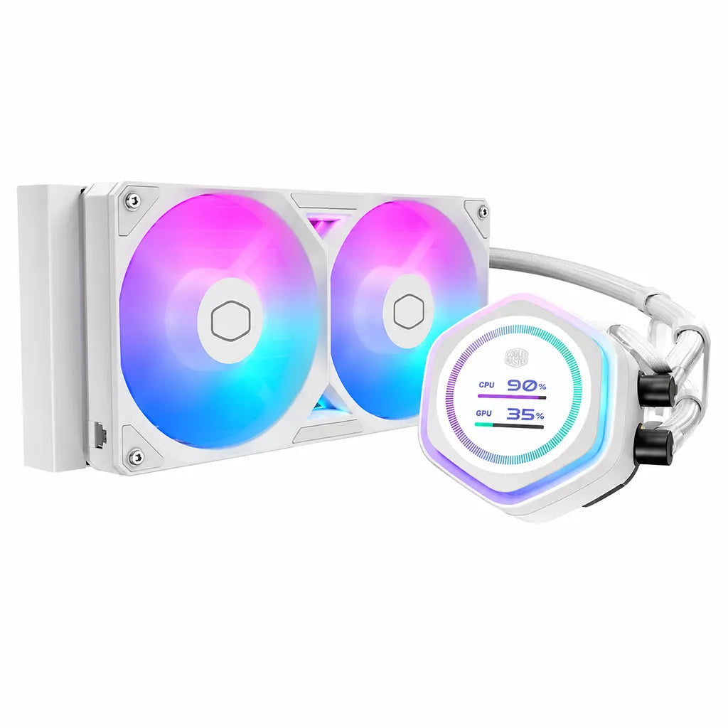 Cooler Master MasterLiquid Atmos II LCD 240mm AIO Liquid CPU Cooler White featuring 240mm radiator dual ARGB fans and LCD pump angled product view -tpstech.in