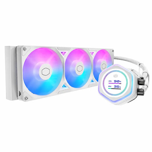 Cooler Master MasterLiquid Atmos II LCD 240mm AIO Liquid CPU Cooler White with dual 120mm ARGB fans radiator and LCD pump front angle view -tpstech.in