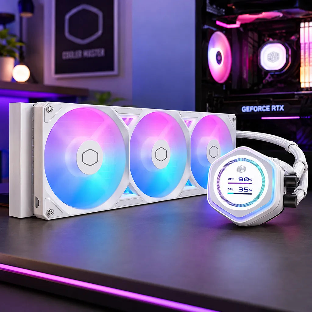 Cooler Master MasterLiquid Atmos II LCD 240mm AIO Liquid CPU Cooler White displayed in a modern RGB gaming PC setup lifestyle image -tpstech.in