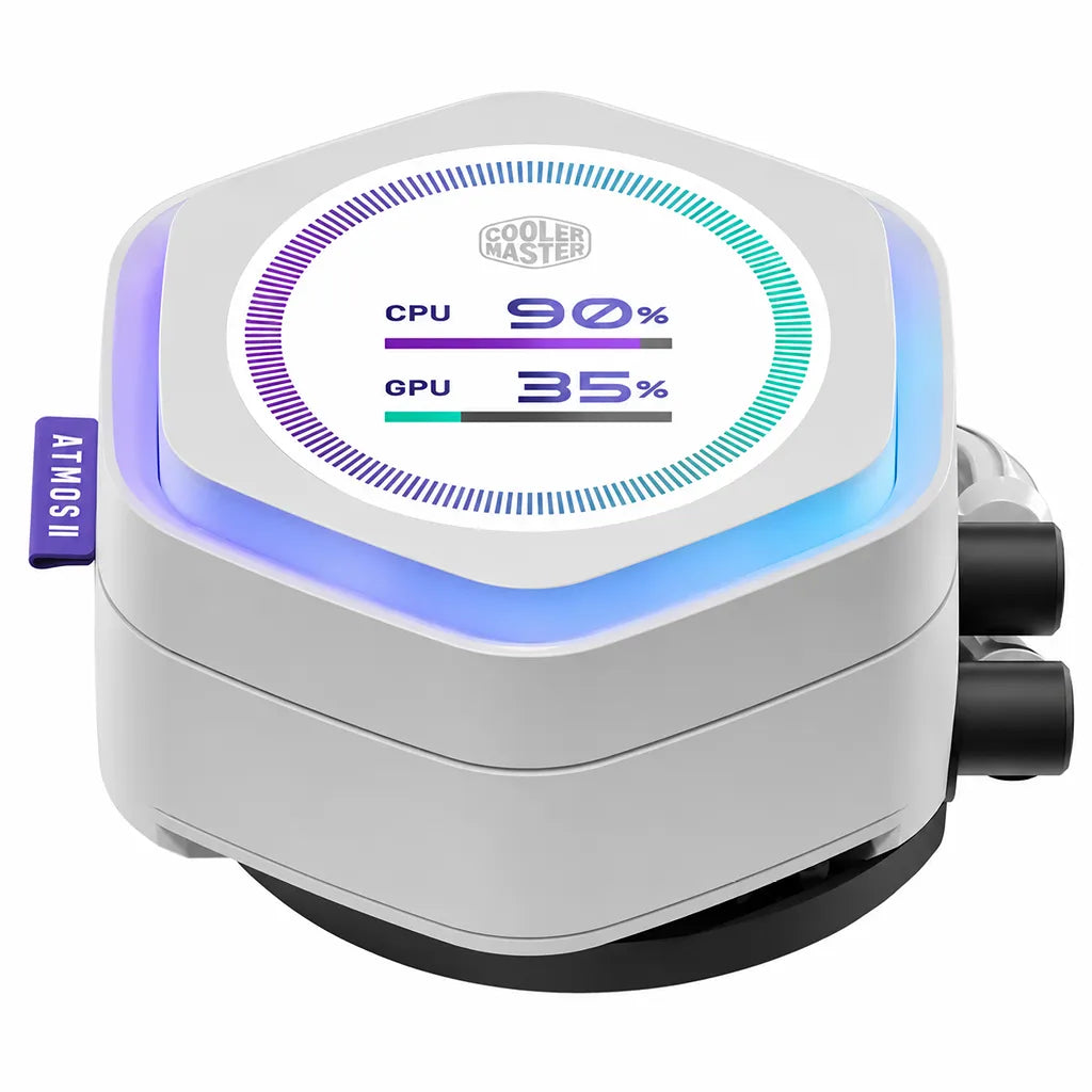 Cooler Master MasterLiquid Atmos II LCD 240mm AIO Liquid CPU Cooler White LCD pump block close-up with customizable display and ARGB illumination -tpstech.in