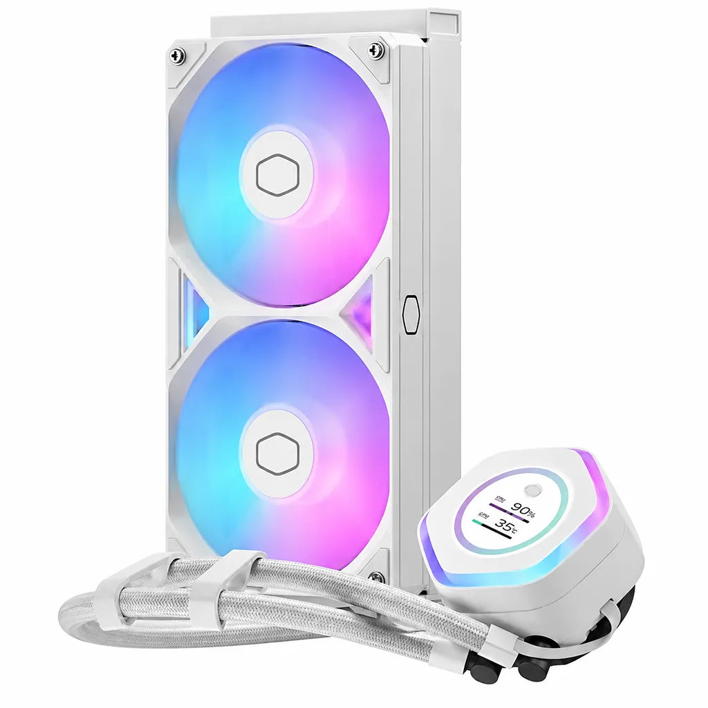Cooler Master MasterLiquid Atmos II LCD 240mm AIO Liquid CPU Cooler White with vertically positioned 240mm radiator dual ARGB fans and LCD pump -tpstech.in