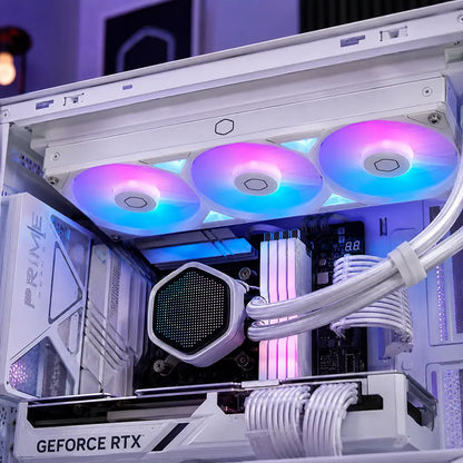 Cooler Master MasterLiquid Atmos II Pixel LED 240mm ARGB AIO Liquid CPU Cooler White installed inside a premium RGB gaming PC lifestyle setup -tpstech.in