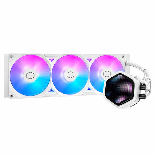 Cooler Master MasterLiquid Atmos II Pixel LED 360mm ARGB Liquid CPU Cooler White front view with triple ARGB fans, Pixel LED pump and 360mm radiator -tpstech.in