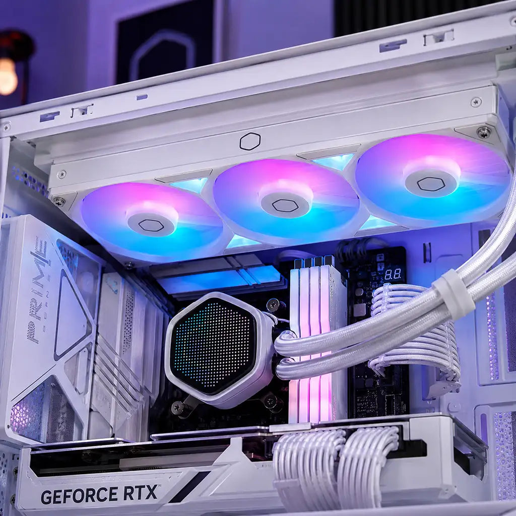 Cooler Master MasterLiquid Atmos II Pixel LED 360mm ARGB Liquid CPU Cooler White installed inside a high-performance RGB gaming PC lifestyle image -tpstech.in