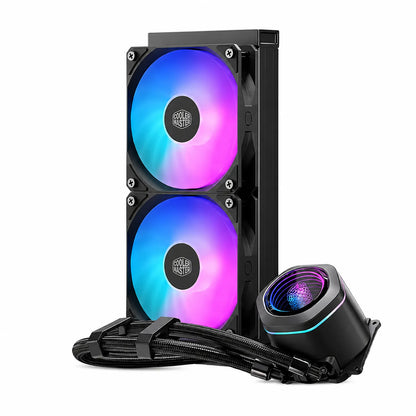 Cooler Master MasterLiquid Core Nex 240 ARGB AIO Liquid CPU Cooler Black with vertical dual fan radiator braided tubing and ARGB pump view -tpstech.in
