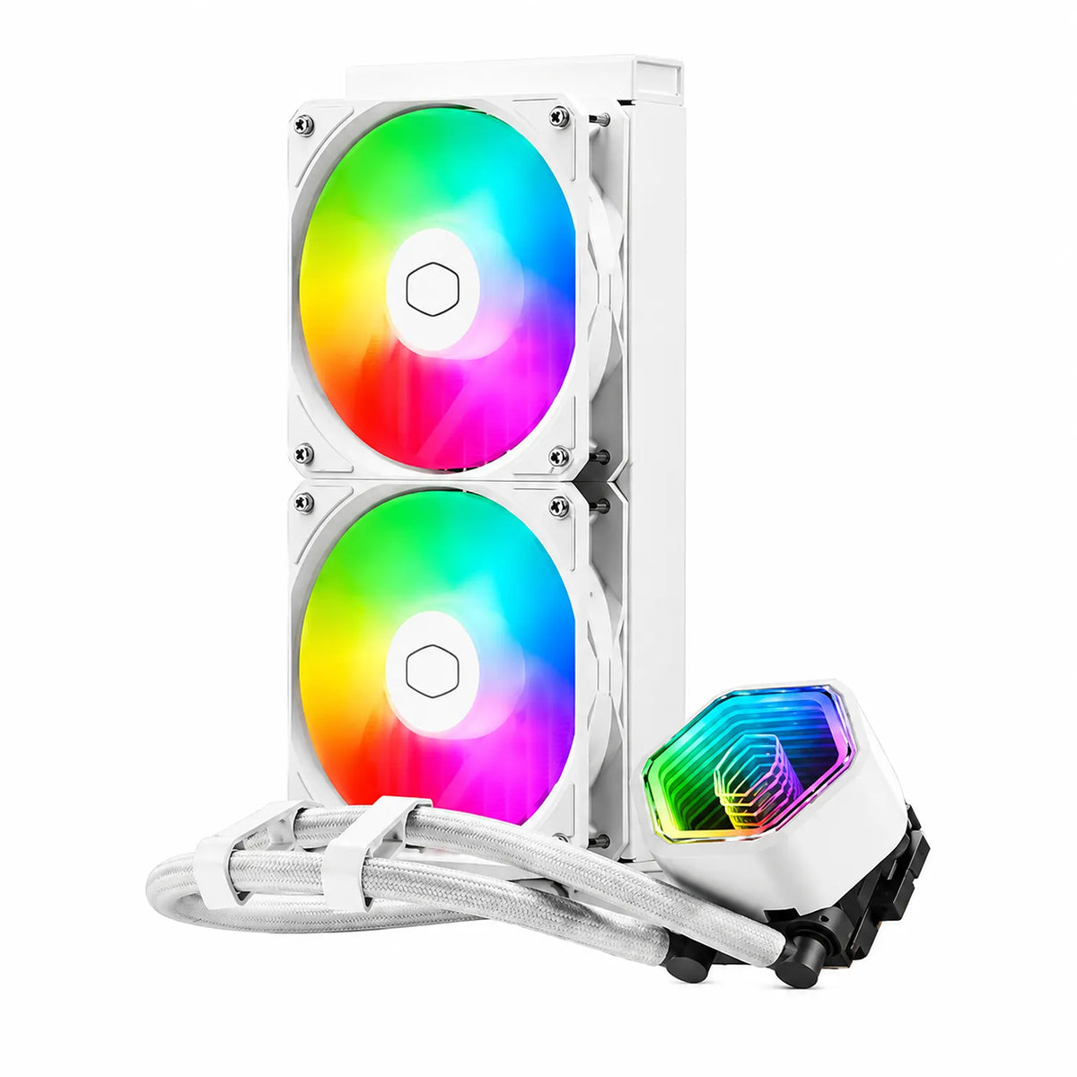 Cooler Master MasterLiquid Core Nex 240 ARGB White AIO Liquid CPU Cooler side view with dual ARGB fans and RGB pump -tpstech.in