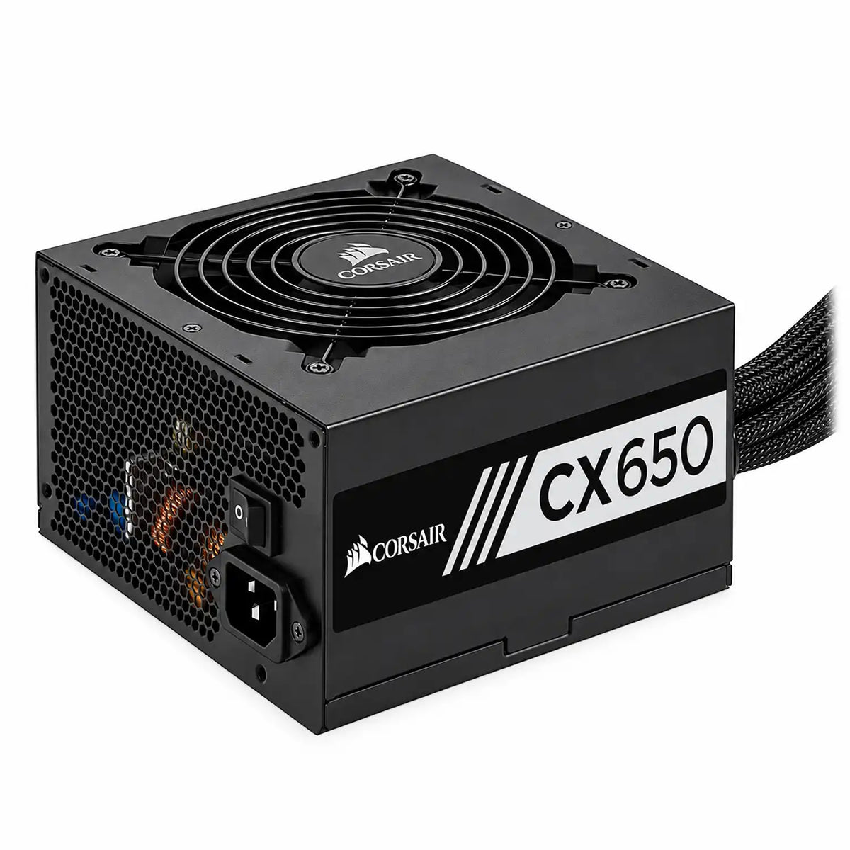 Corsair CX Series CX650 650W 80 PLUS Bronze Power Supply rear view showing honeycomb mesh ventilation and AC power socket tpstech.in