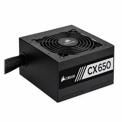 Corsair CX Series CX650 650W 80 PLUS Bronze Power Supply top angle view showing cooling fan and side branding tpstech.in