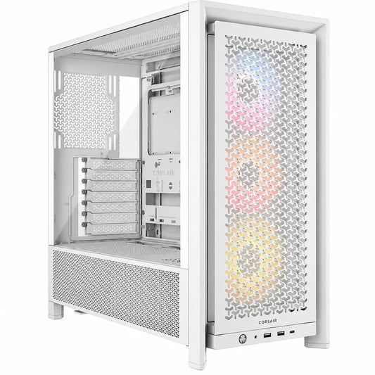 CORSAIR FRAME 4000D LCD RS ARGB White Premium Mid-Tower PC Case front angled view with tempered glass panel and high airflow front mesh -tpstech.in