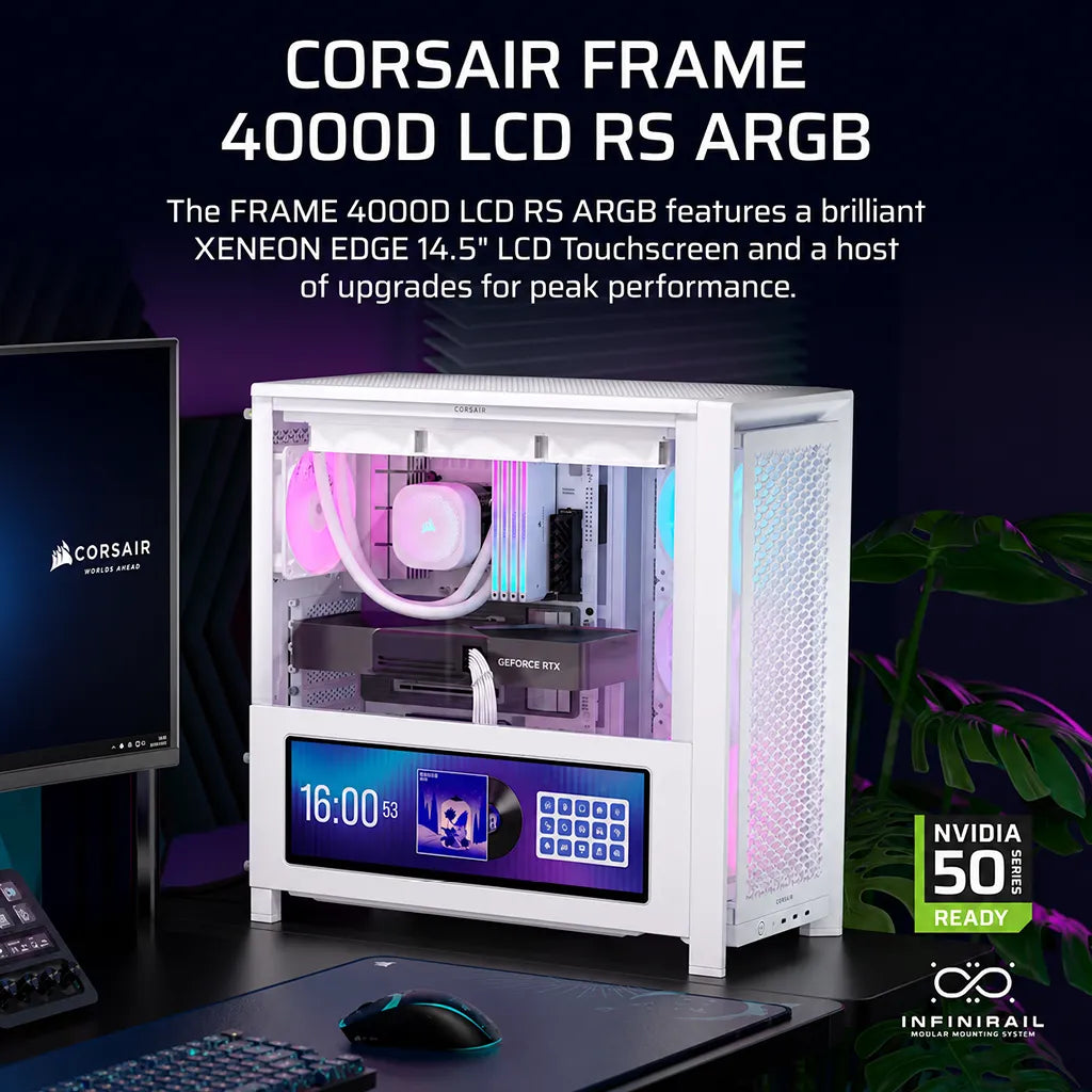 CORSAIR FRAME 4000D LCD RS ARGB White Premium Mid-Tower PC Case showcasing a complete gaming PC build with customizable LCD display -tpstech.in