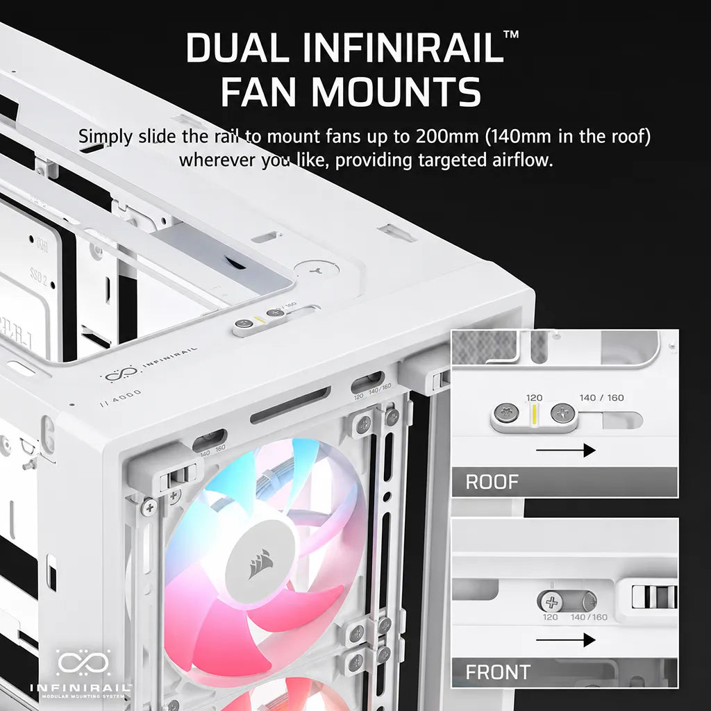 CORSAIR FRAME 4000D LCD RS ARGB White gaming PC case featuring dual InfiniRail modular fan mounting system for flexible airflow configuration -tpstech.in