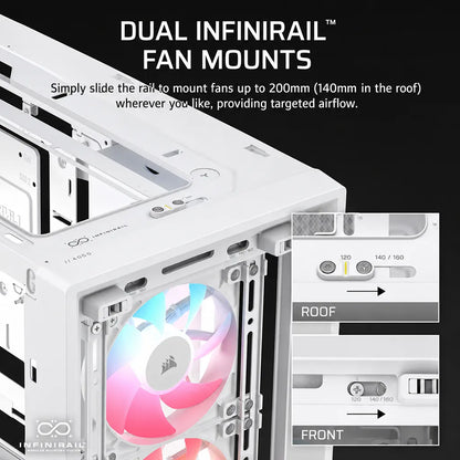 CORSAIR FRAME 4000D LCD RS ARGB White gaming PC case featuring dual InfiniRail modular fan mounting system for flexible airflow configuration -tpstech.in