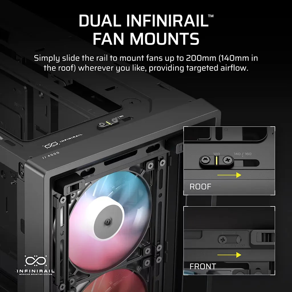 CORSAIR FRAME 4000D RS ARGB Mid-Tower PC Case Black with Dual InfiniRail fan mounting system for flexible cooling and fan placement -tpstech.in