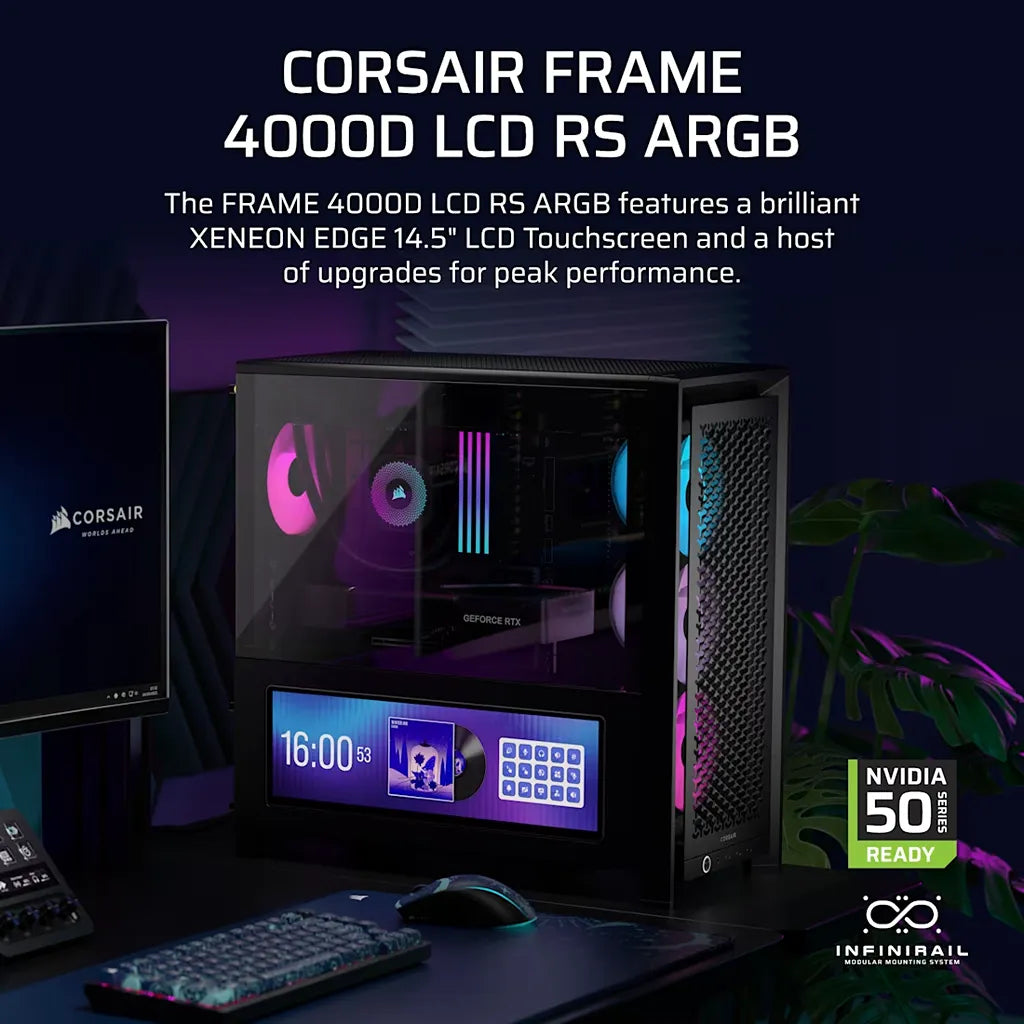 CORSAIR FRAME 4000D RS ARGB Mid-Tower PC Case Black with integrated 14.5-inch XENEON EDGE LCD touchscreen display and ARGB cooling fans -tpstech.in