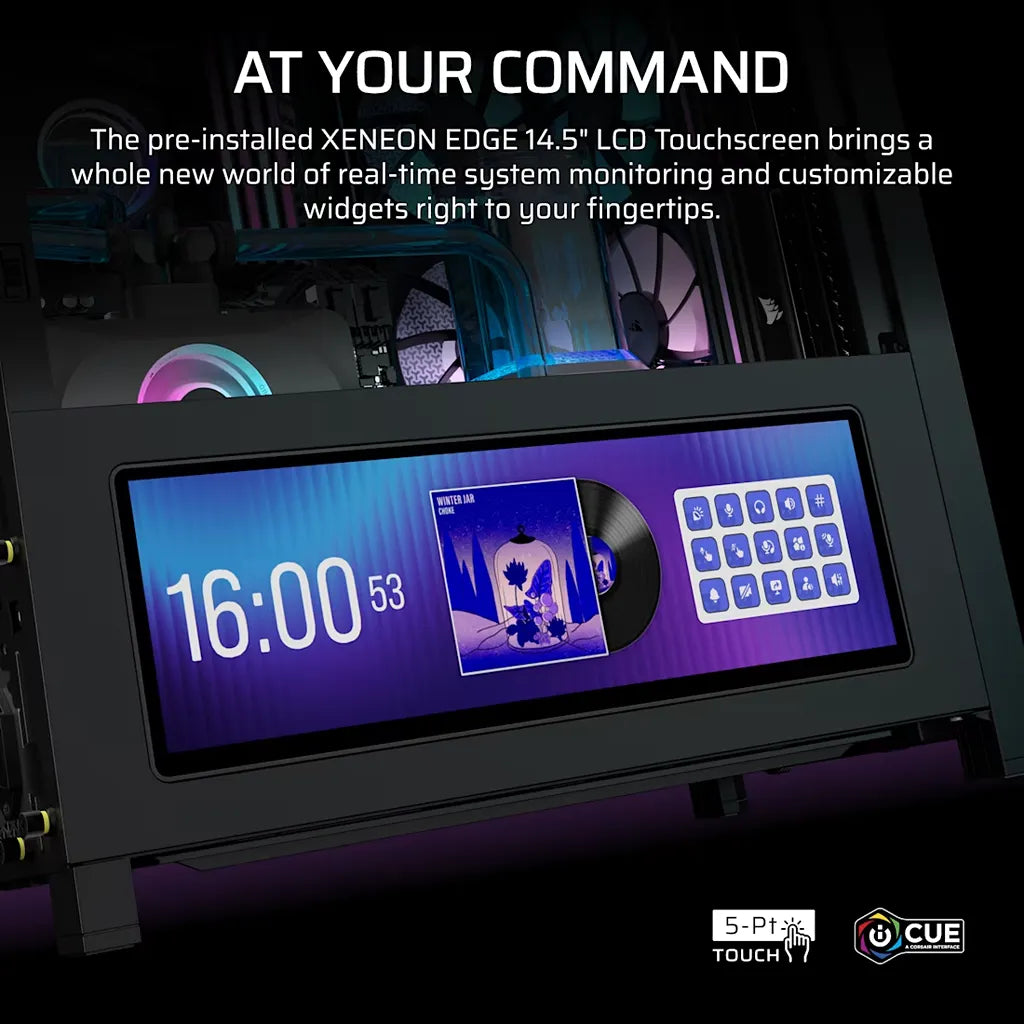 CORSAIR FRAME 4000D RS ARGB Mid-Tower PC Case Black with pre-installed XENEON EDGE 14.5-inch touchscreen LCD for real-time system monitoring and widgets -tpstech.in