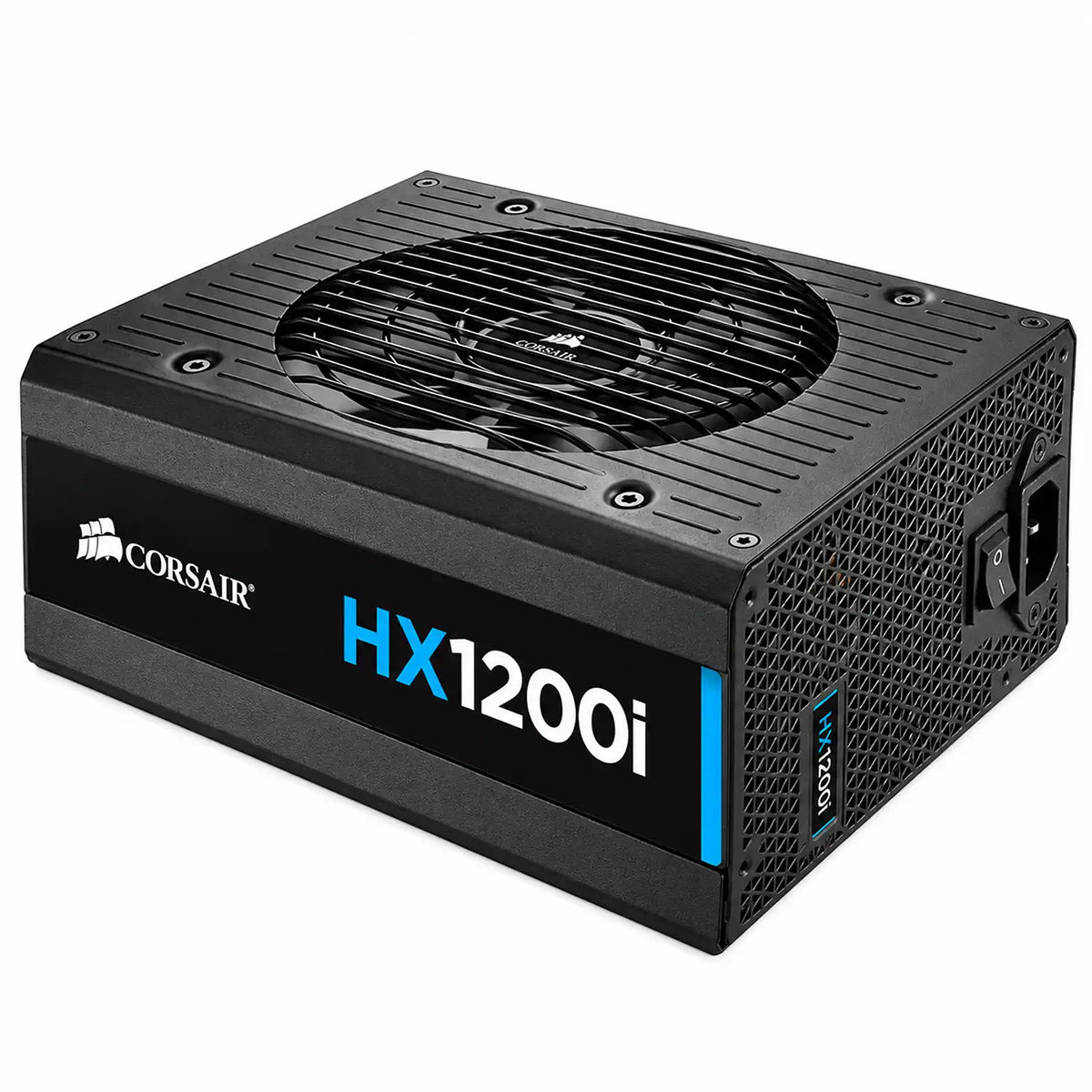 Corsair HX Series HX1200i 3.0 SMPS 1200W Fully Modular Power Supply angled view showing rear ventilation mesh and power switch tpstech.in
