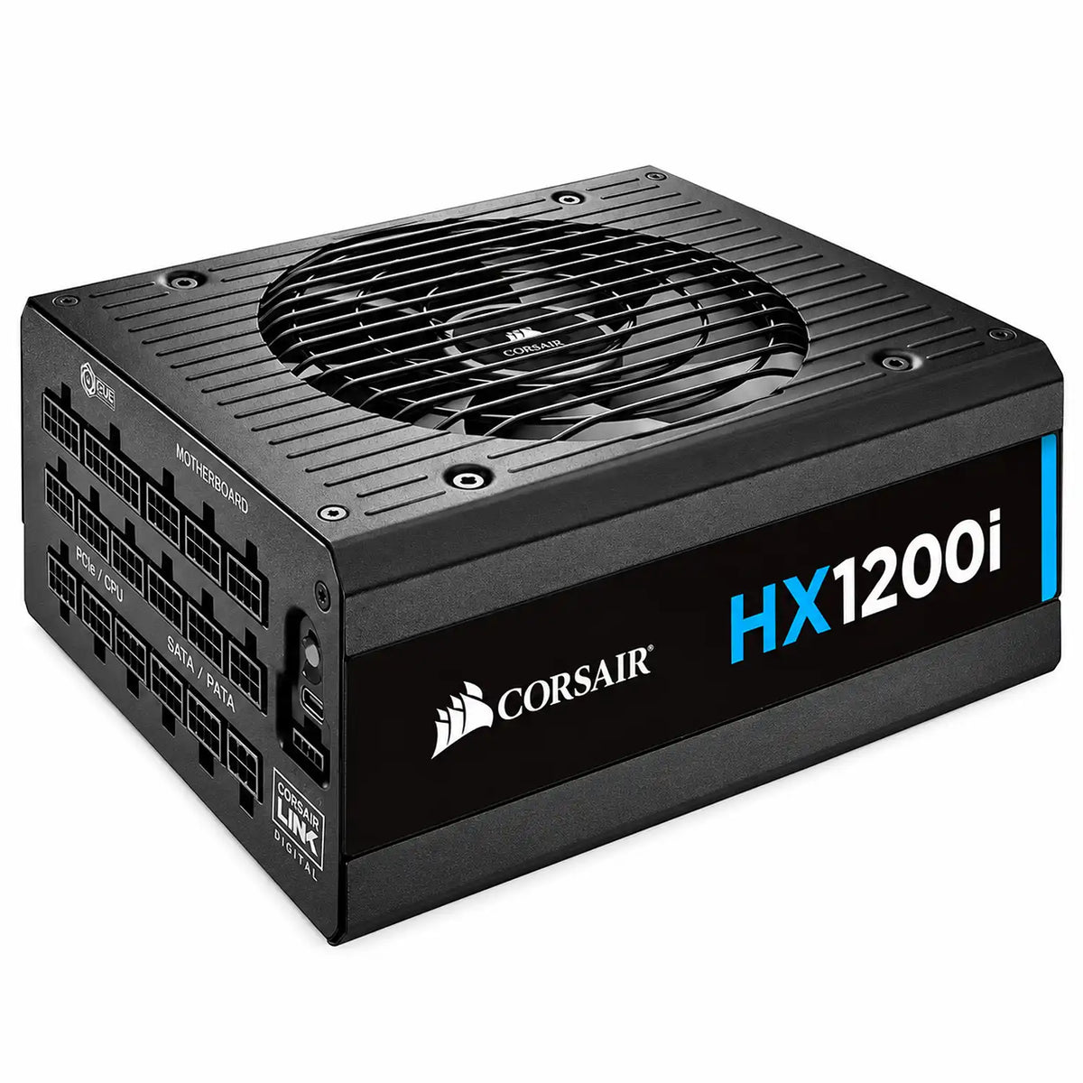 Corsair HX Series HX1200i 3.0 SMPS 1200W Fully Modular Power Supply perspective view showing side logo and modular connection ports tpstech.in