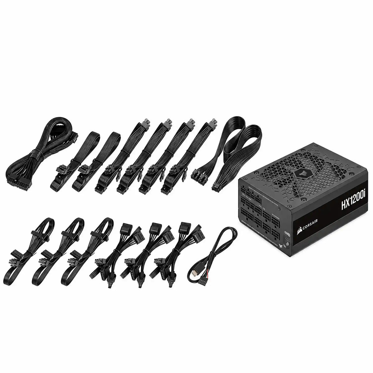 Corsair HX Series HX1200i 3.0 SMPS 1200W Fully Modular Power Supply unit laid out with full set of modular power cables tpstech.in