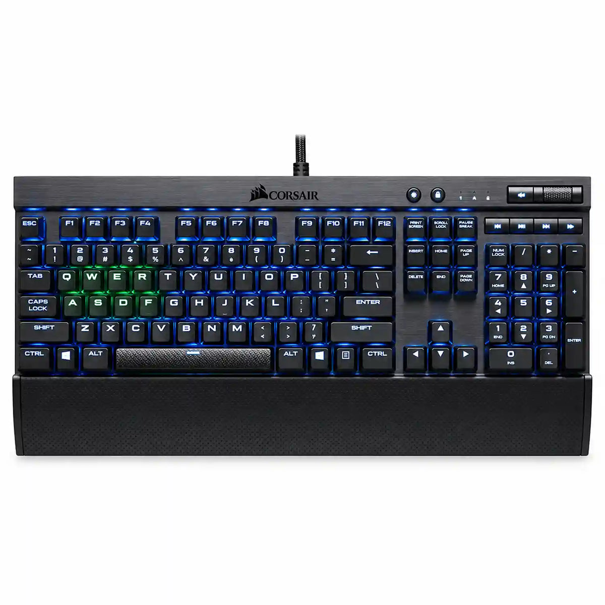 Corsair K70 LUX RGB Mechanical Gaming Keyboard full top layout illuminated with blue and green backlighting tpstech.in