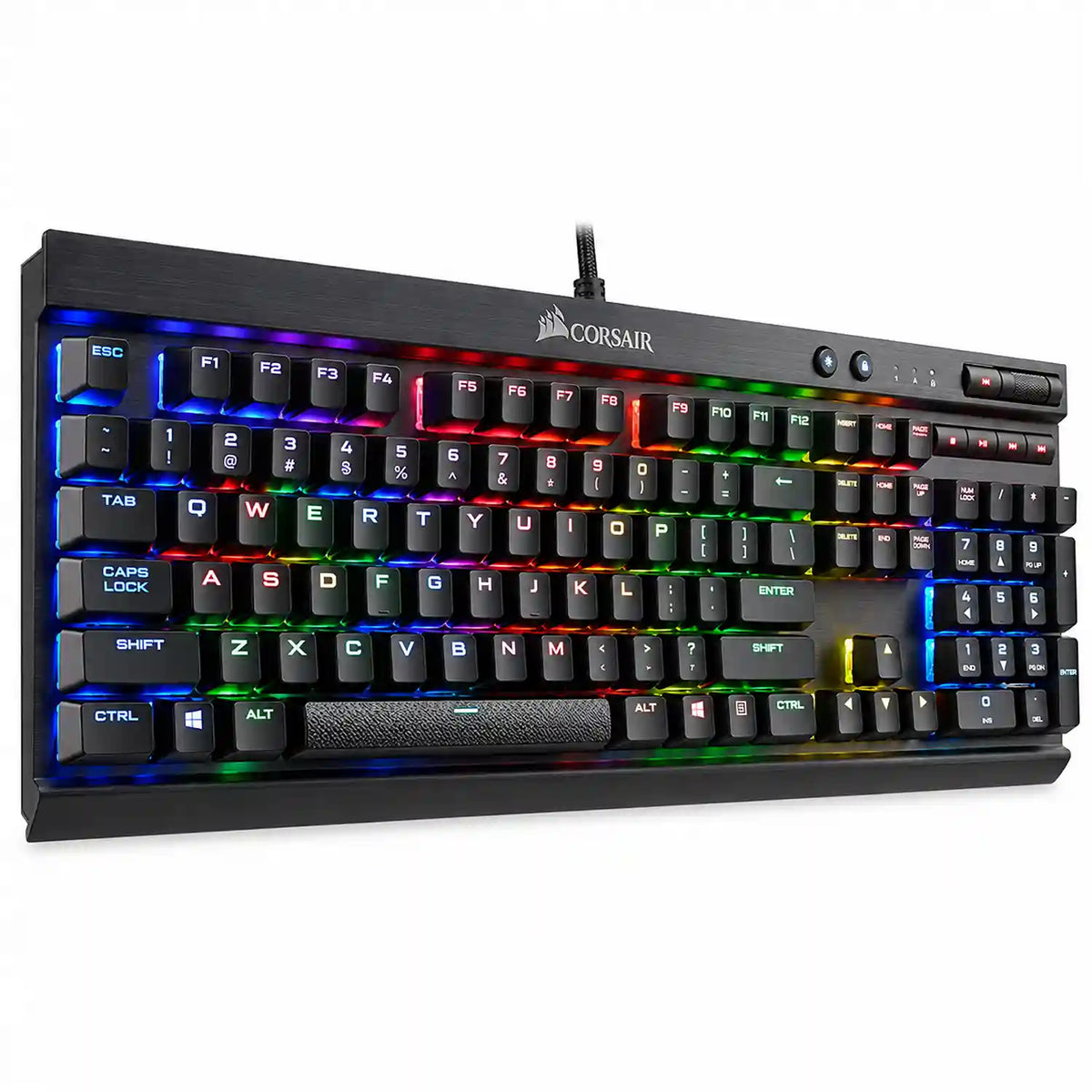 Corsair K70 LUX RGB Mechanical Gaming Keyboard angled profile showcasing brushed aluminum frame and keycaps tpstech.in