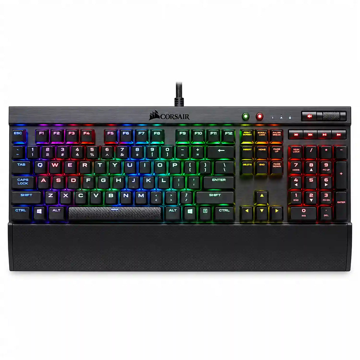 Corsair K70 LUX RGB Mechanical Gaming Keyboard top down view with vibrant multicolor RGB backlighting and wrist rest tpstech.in