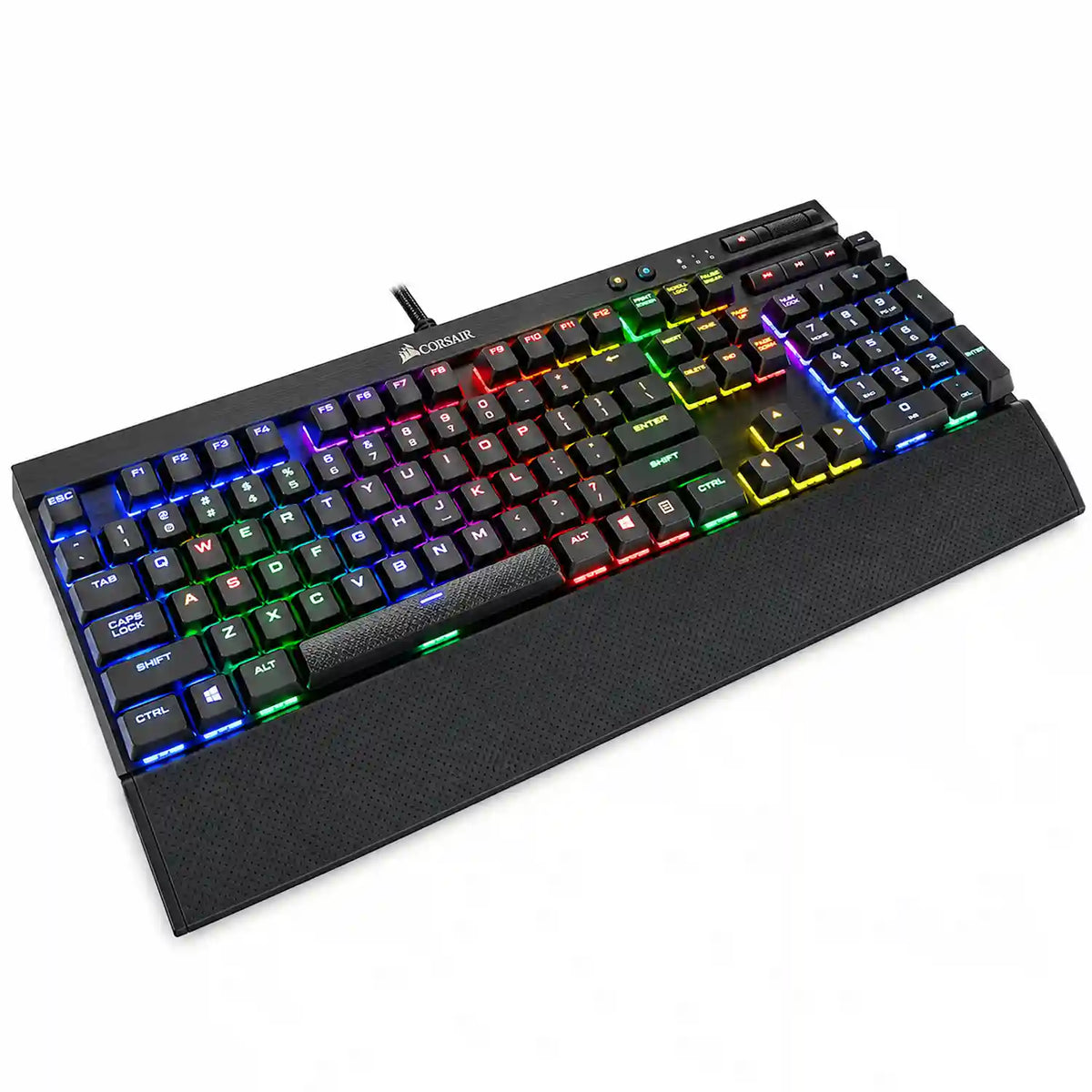 Corsair K70 LUX RGB Mechanical Gaming Keyboard wide angled view showing textured spacebar and RGB lighting zones tpstech.in