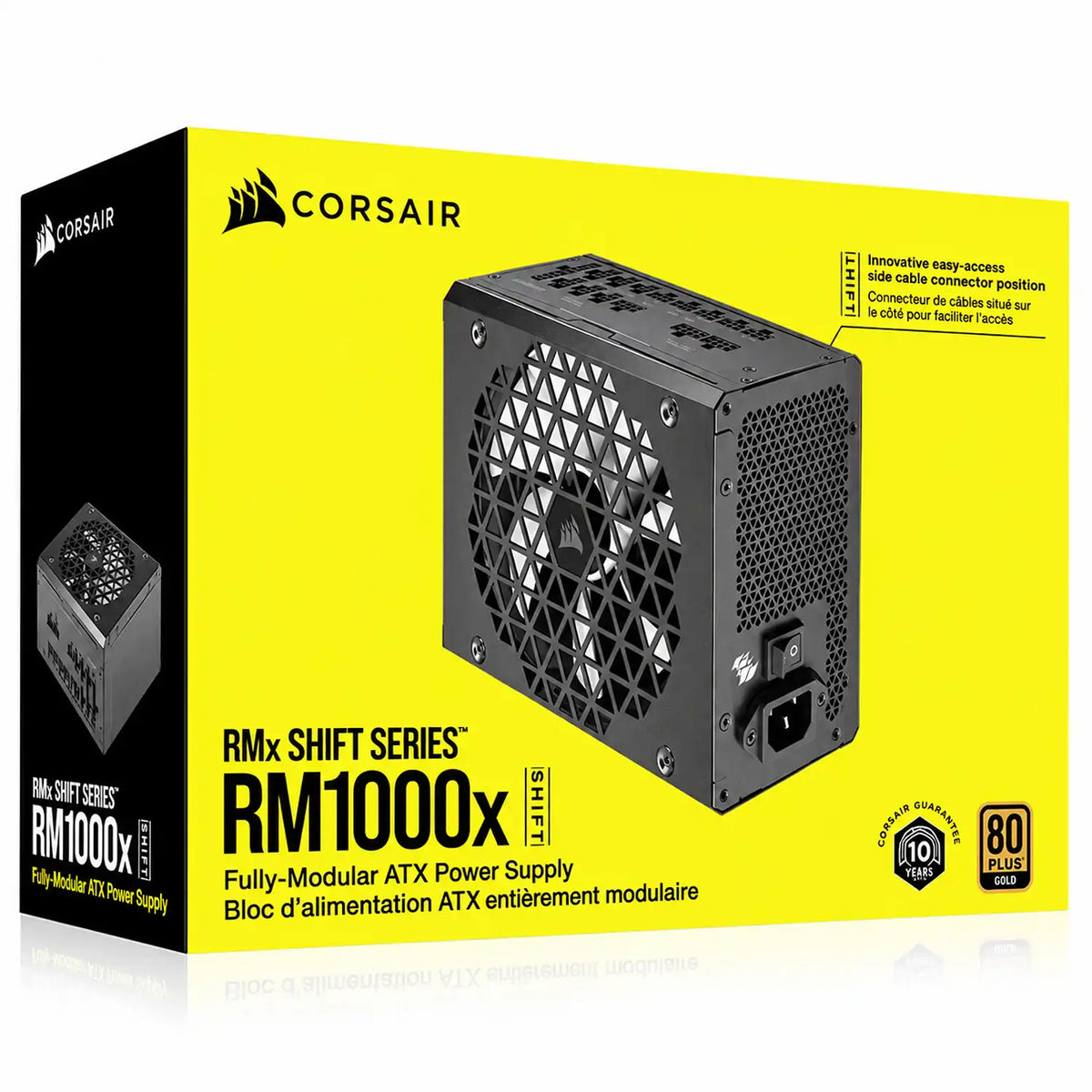 Corsair RM1000X Shift 1000W 80 Plus Gold ATX 3.1 SMPS retail packaging box with 80 Plus Gold certification tpstech.in
