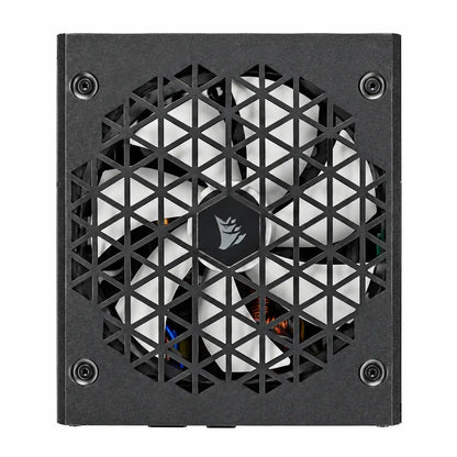 Corsair RM1000X Shift 1000W 80 Plus Gold ATX 3.1 SMPS top view showing geometric intake fan grille with white blades tpstech.in