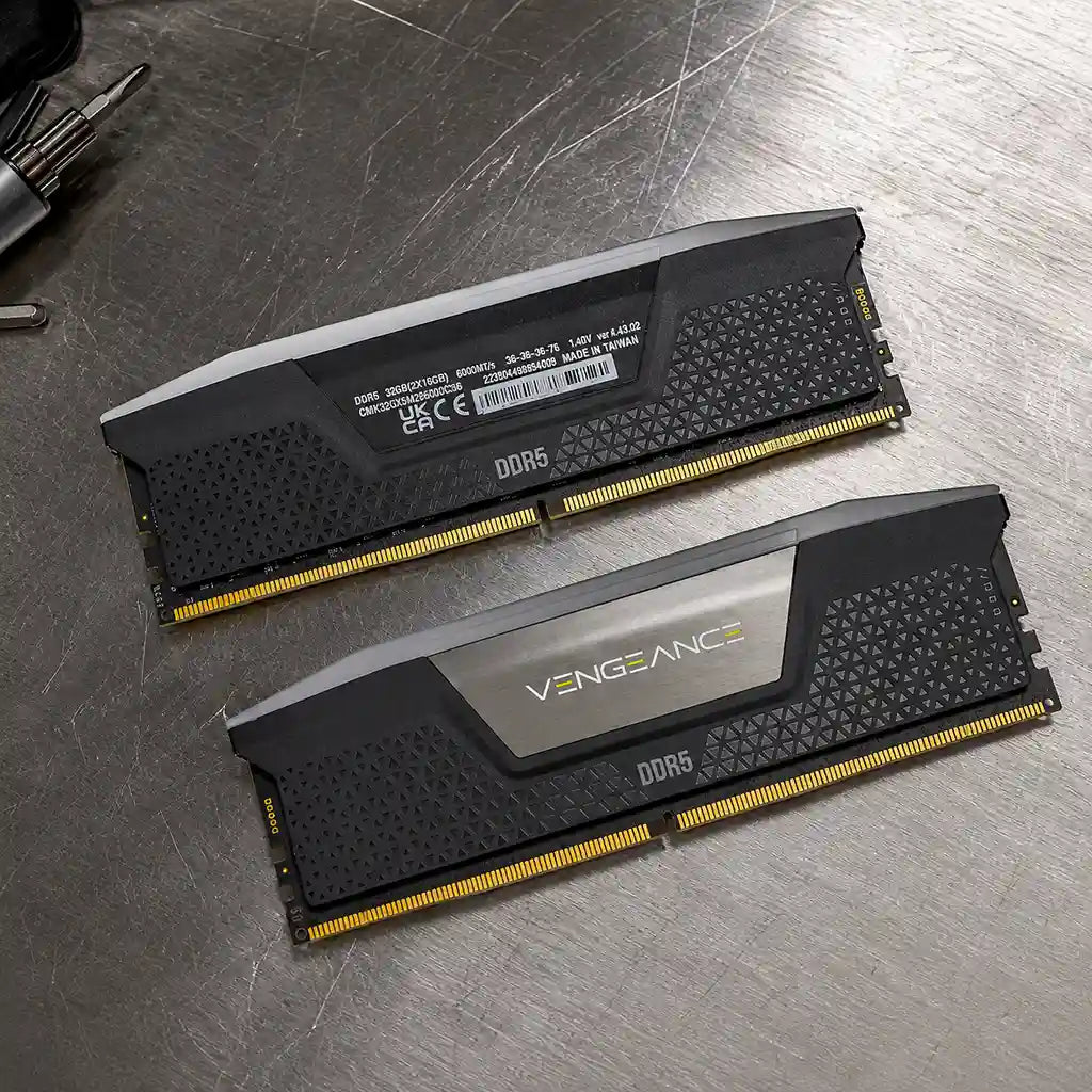 Corsair Vengeance 64GB (2x32GB) DDR5 RAM 6000MHz CL40 Desktop Memory showing front and rear sides with product label and gold contacts -tpstech.in