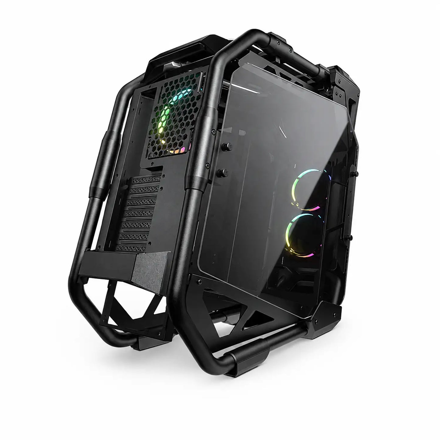 COUGAR Cratus mid tower PC case rear three-quarter view showing open frame design and ARGB fan -tpstech.in