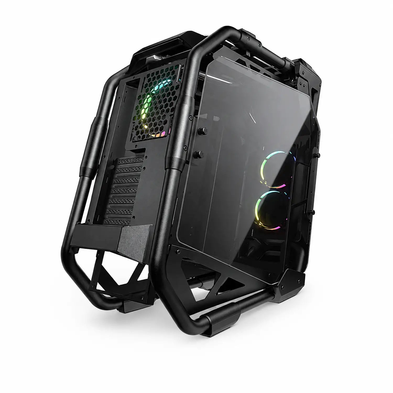 COUGAR Cratus mid tower PC case rear three-quarter view showing open frame design and ARGB fan -tpstech.in