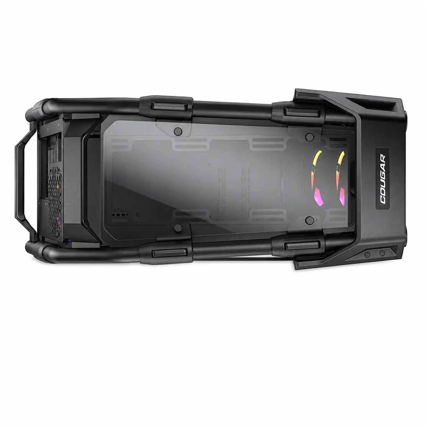 COUGAR Cratus PC case bottom view showing tempered glass panel, ARGB lighting and chassis frame -tpstech.in