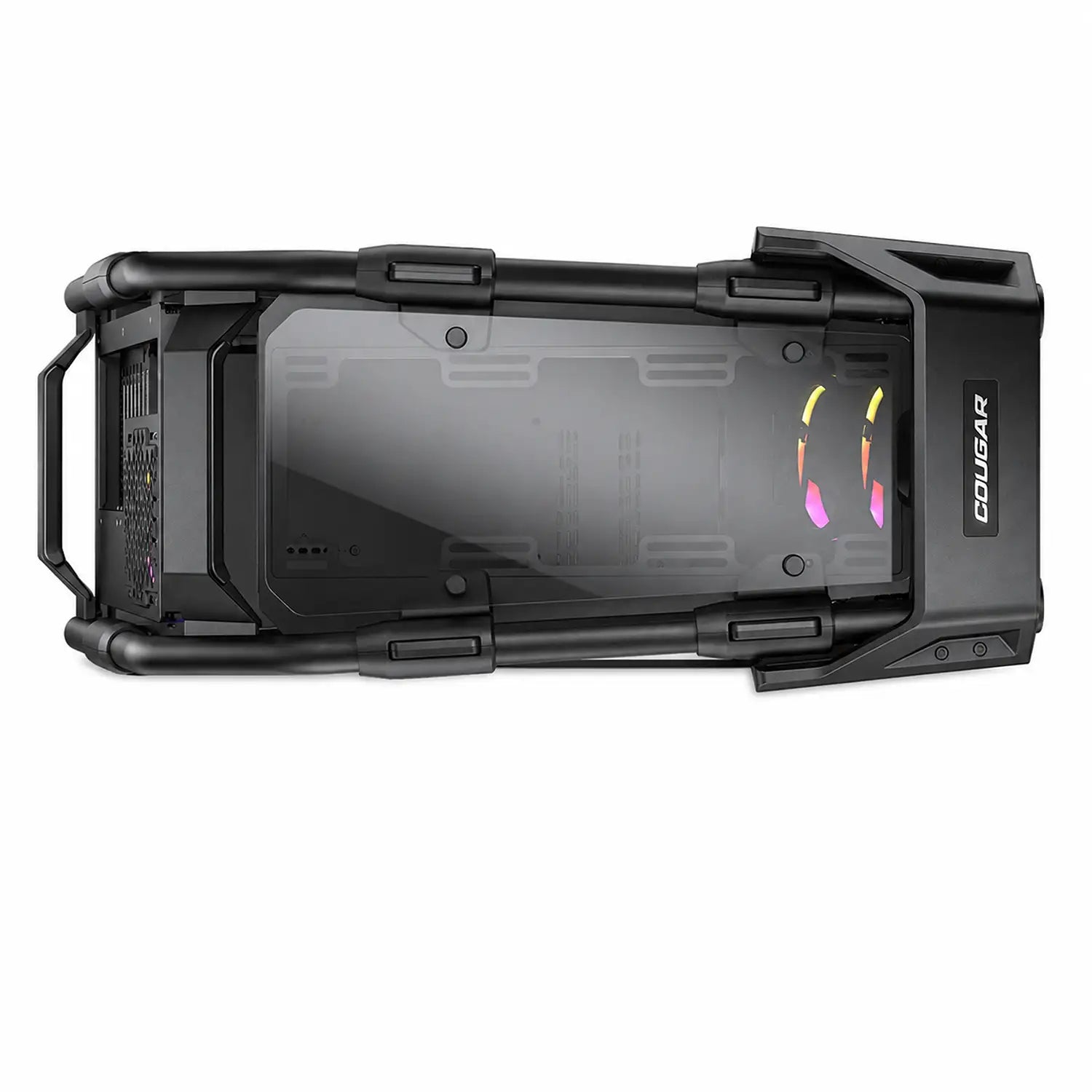 COUGAR Cratus PC case bottom view showing tempered glass panel, ARGB lighting and chassis frame -tpstech.in