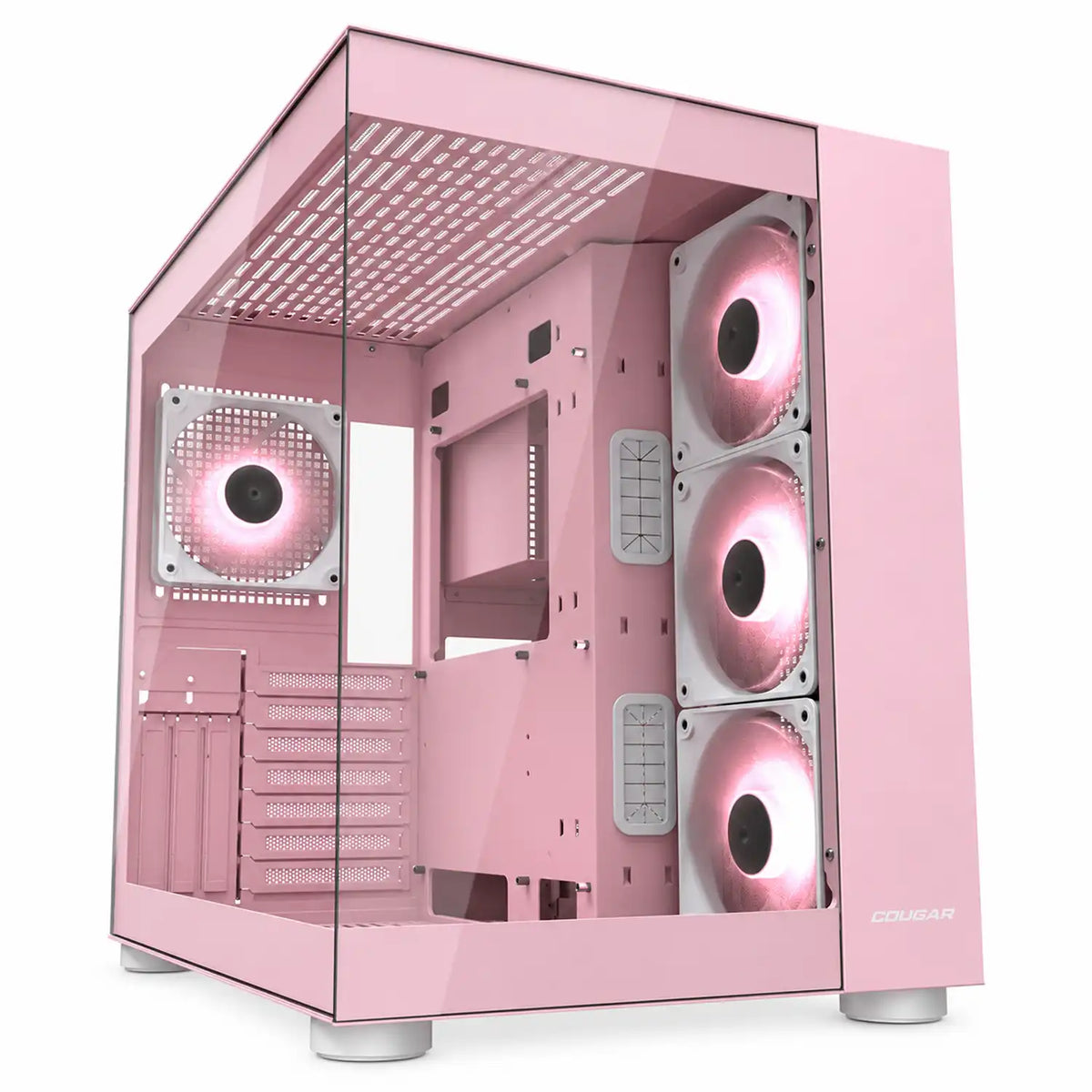 COUGAR FV150 RGB Pink mid tower PC case front angle with glass panel and ARGB fans -tpstech.in