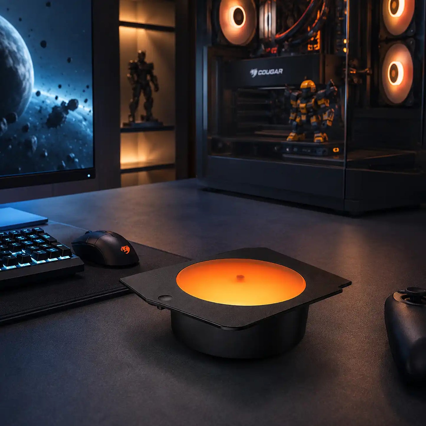 COUGAR FV270 Luminous Rotating Platform Black shown in a gaming setup for collectible display -tpstech.in