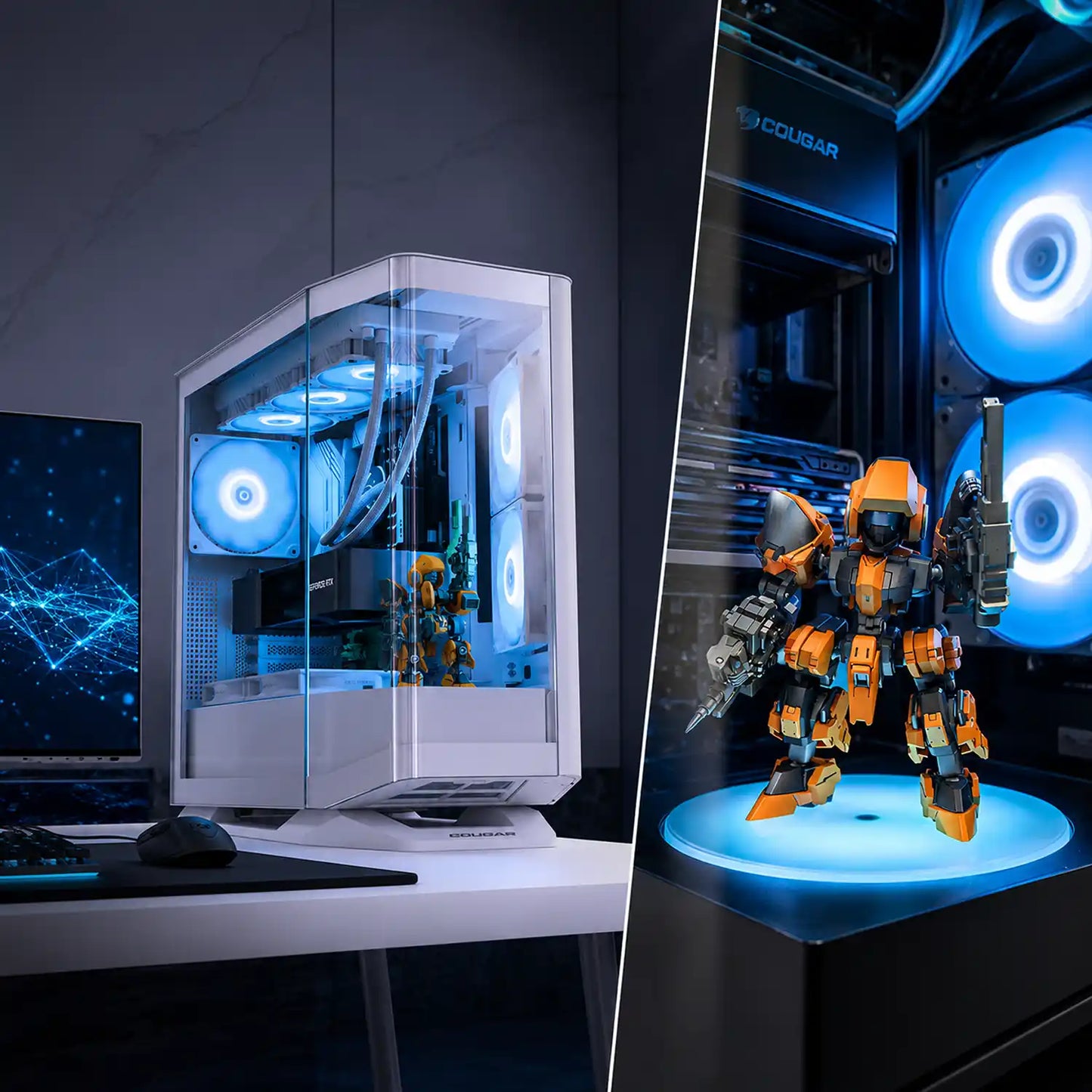 COUGAR FV270 Luminous Rotating Platform White installed in a gaming PC case with ARGB lighting and collectible display -tpstech.in