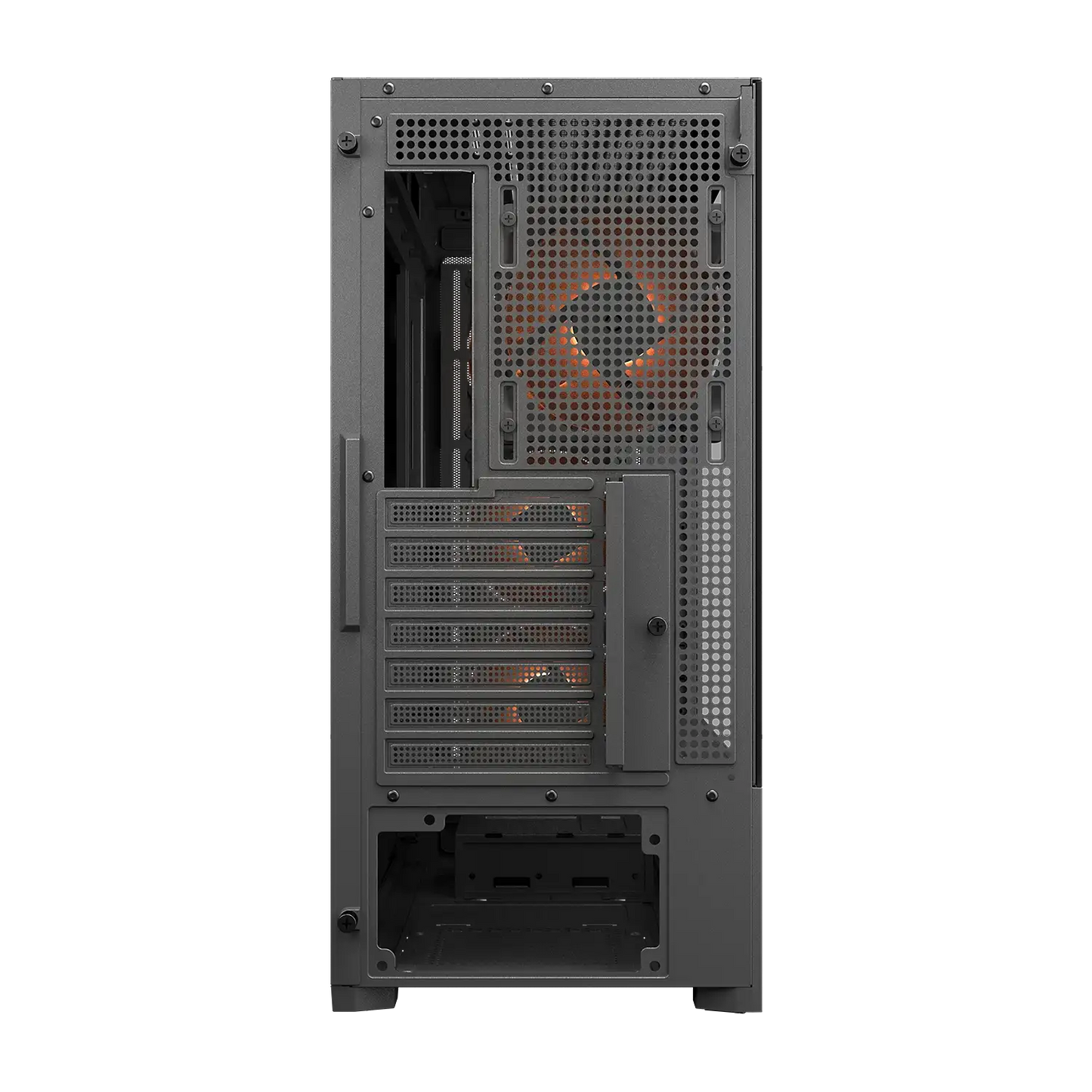 COUGAR MX230 RGB ARGB gaming PC case front angle view with three illuminated front fans -tpstech.in