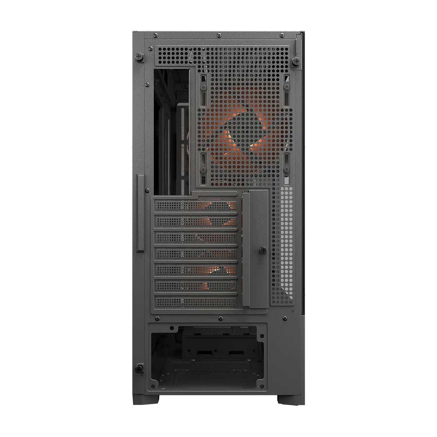 COUGAR MX230 RGB ARGB gaming PC case front angle view with three illuminated front fans -tpstech.in