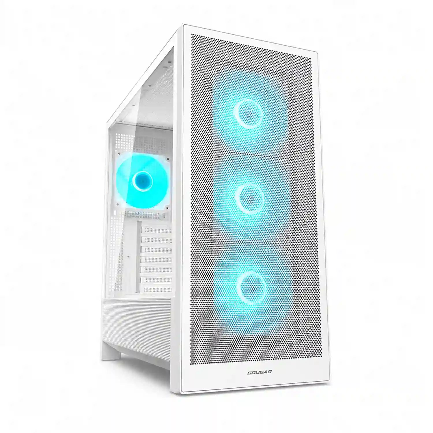 COUGAR MX230 RGB White gaming PC case front angle with mesh panel and ARGB fans -tpstech.in