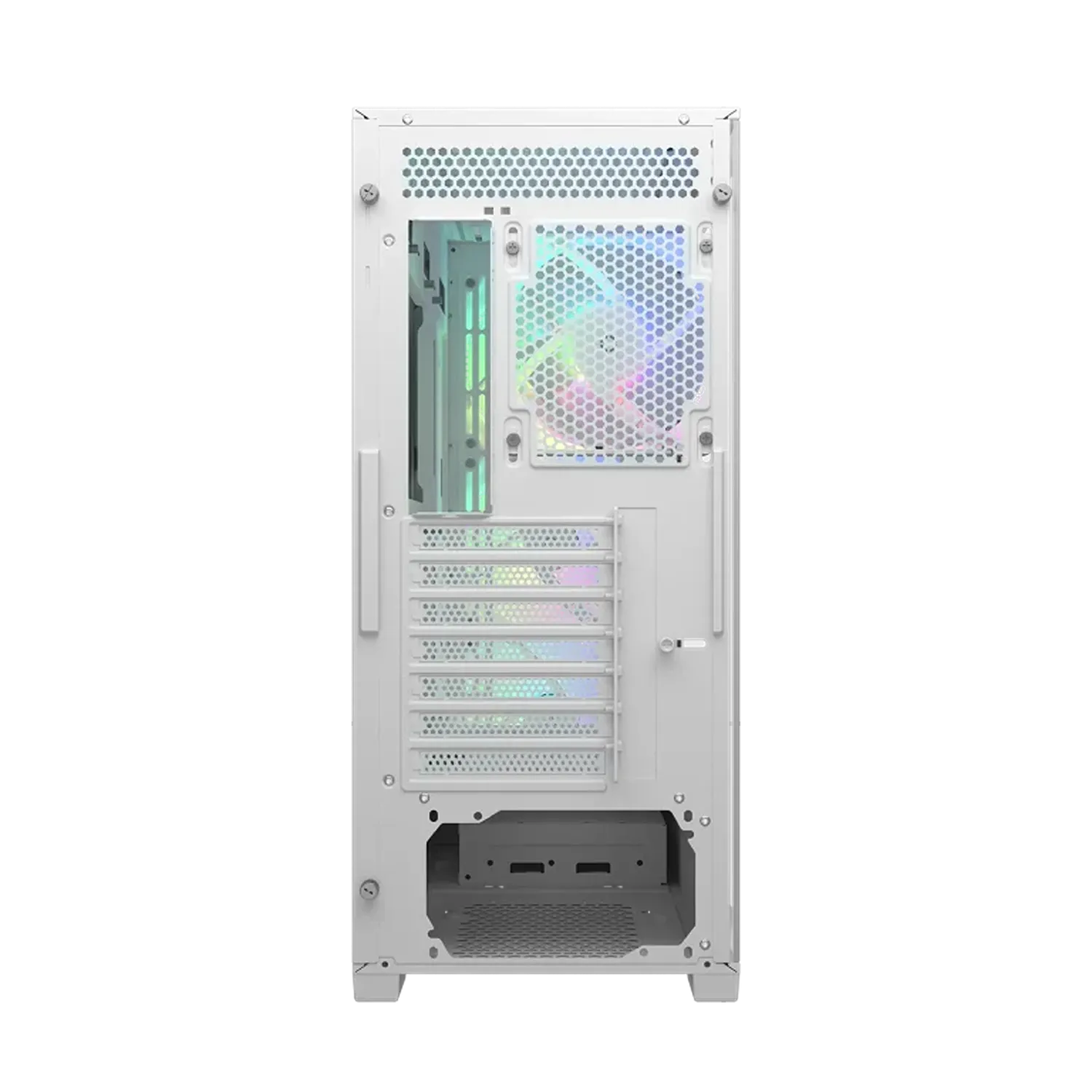 COUGAR MX600 Air White gaming PC case rear view showing exhaust fan mount, expansion slots and PSU area-tpstech.in