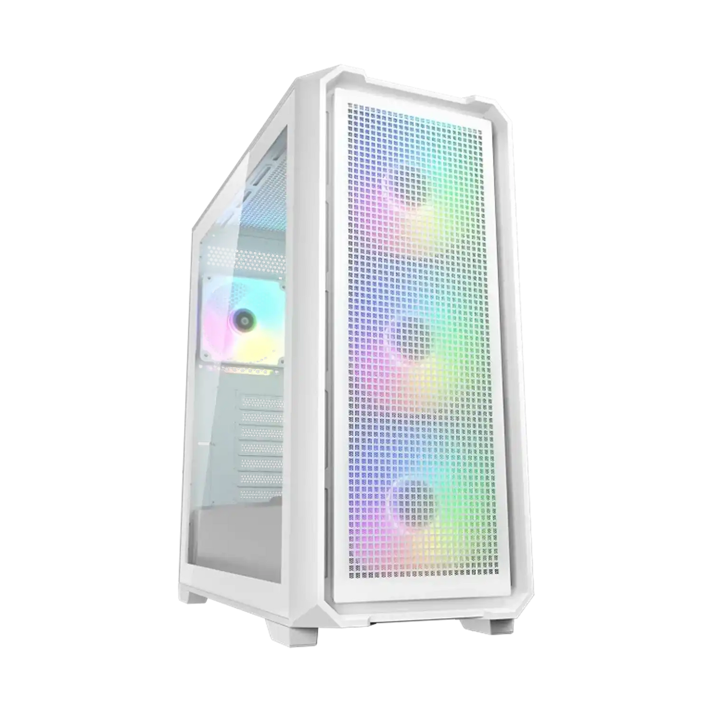 COUGAR MX600 Air White mid-tower gaming PC case front angle with ARGB fans-tpstech.in