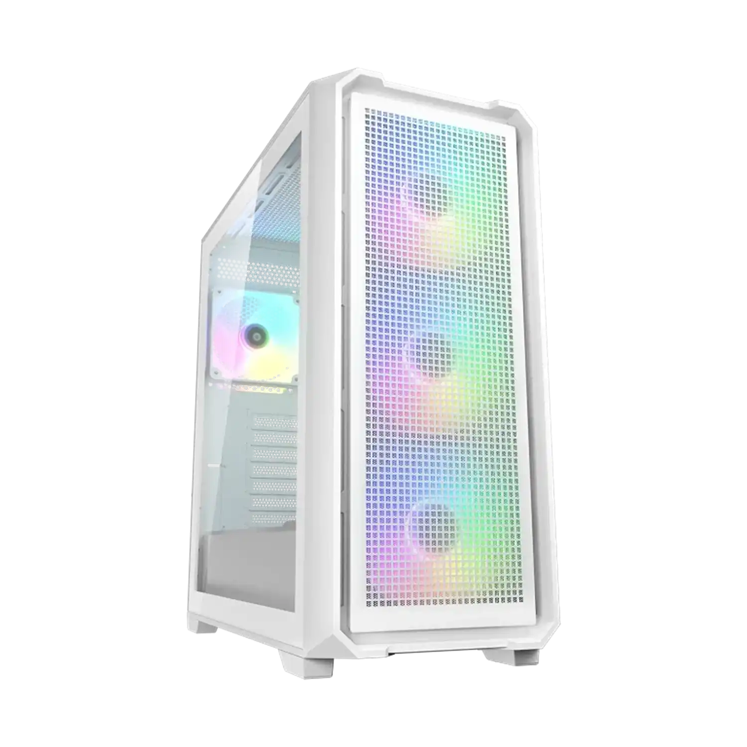 COUGAR MX600 Air White mid-tower gaming PC case front angle with ARGB fans-tpstech.in