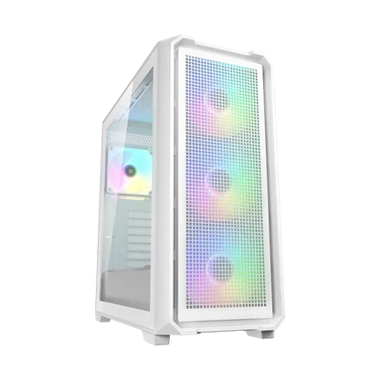 COUGAR MX600 Air White mid-tower gaming PC case front angle with ARGB fans-tpstech.in