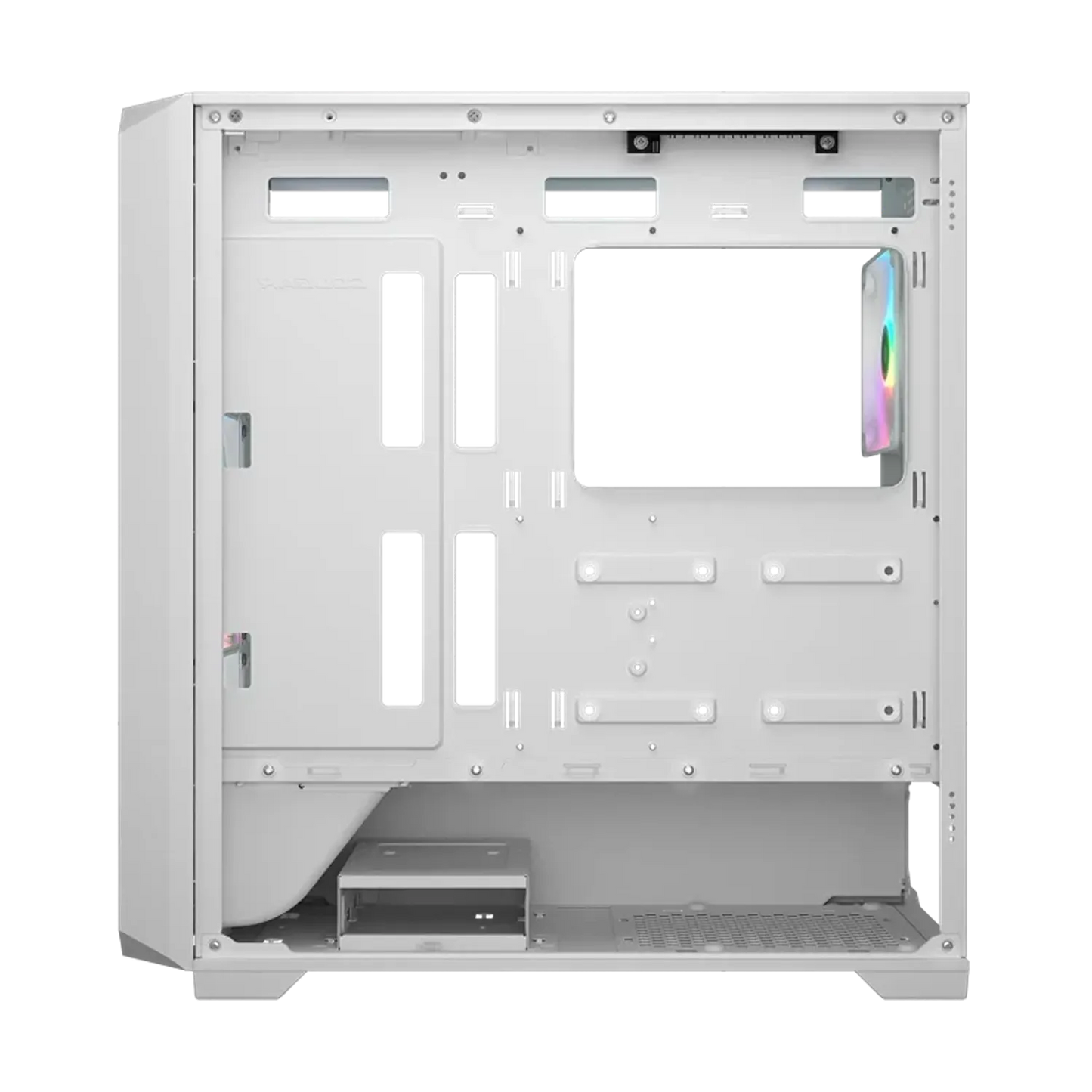 COUGAR MX600 Air White PC case rear interior showing cable management openings and storage mounting areas-tpstech.in