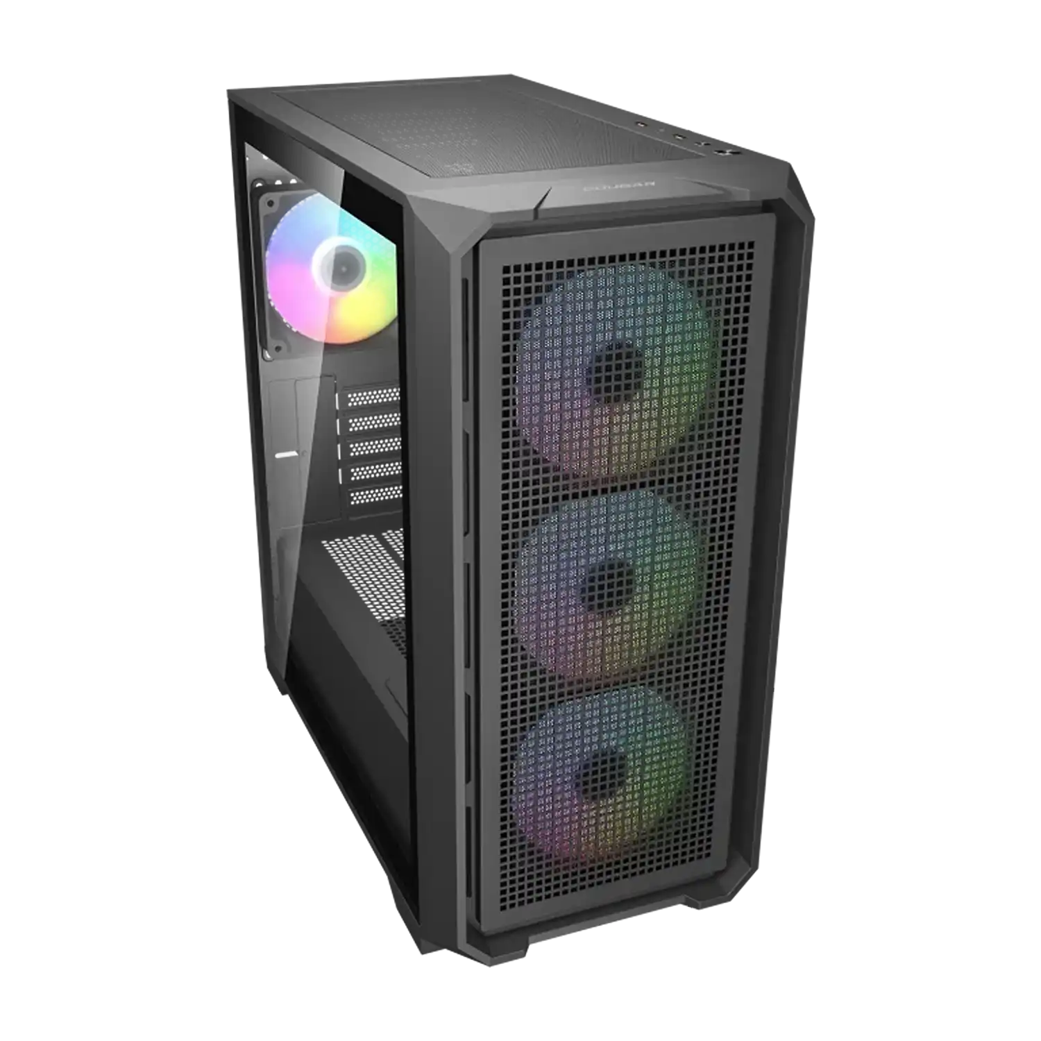 COUGAR MX600 Mini V2 Mini Tower gaming PC case front angle view with ARGB cooling fans -tpstech.in