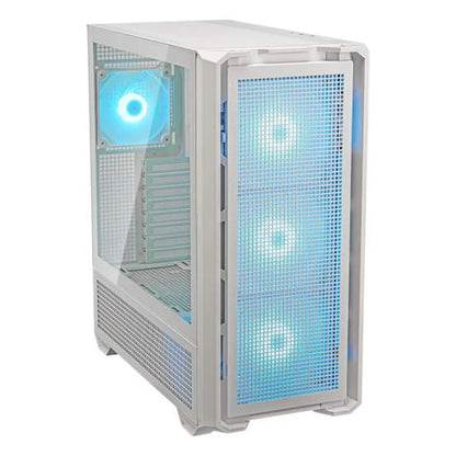 COUGAR MX600 RGB White gaming case front angle view showing ARGB fans and tempered glass side panel -tpstech.in